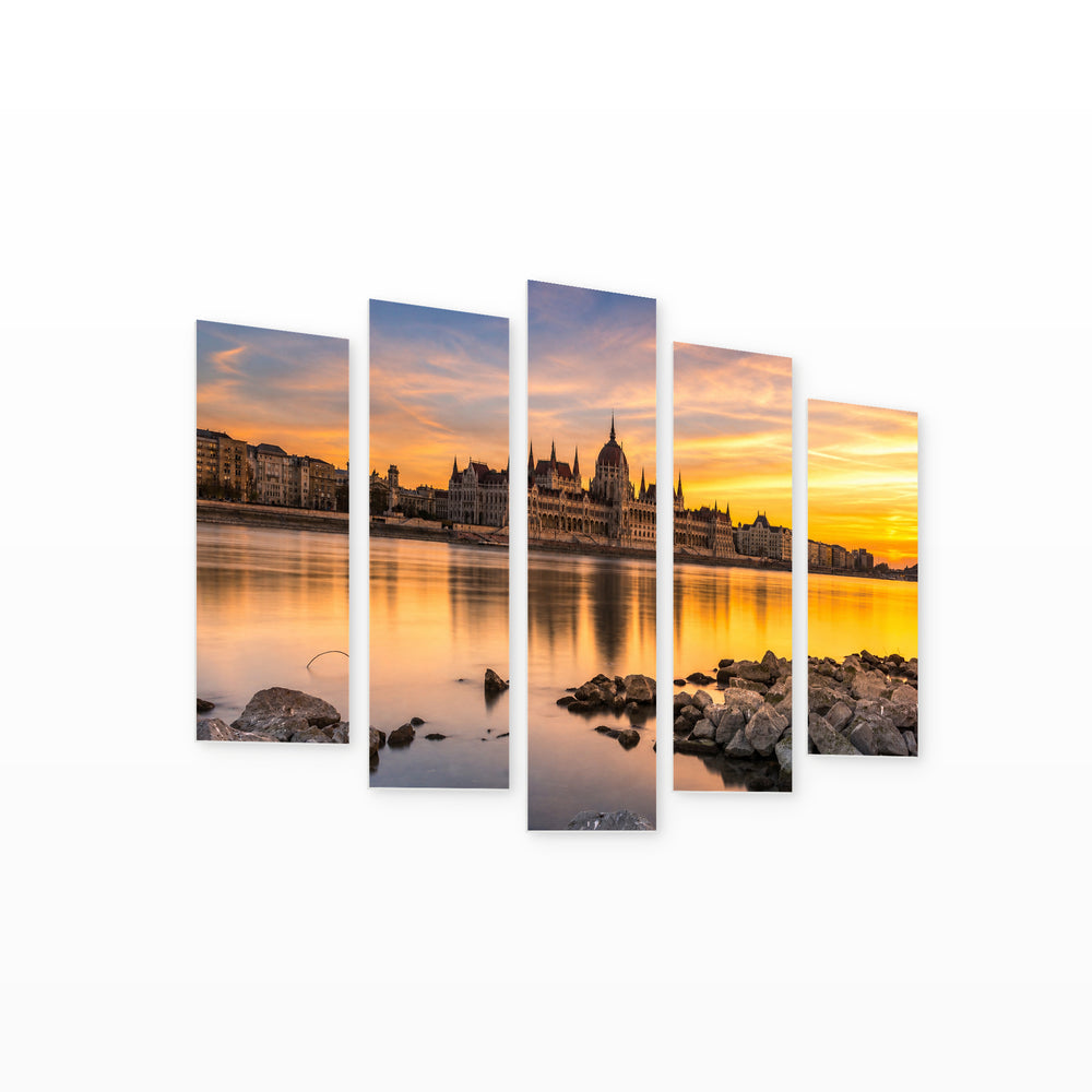 Golden Sunset over Budapest Parliament — five-panel wall art on white background in perspective | 5wallart 52616 M1