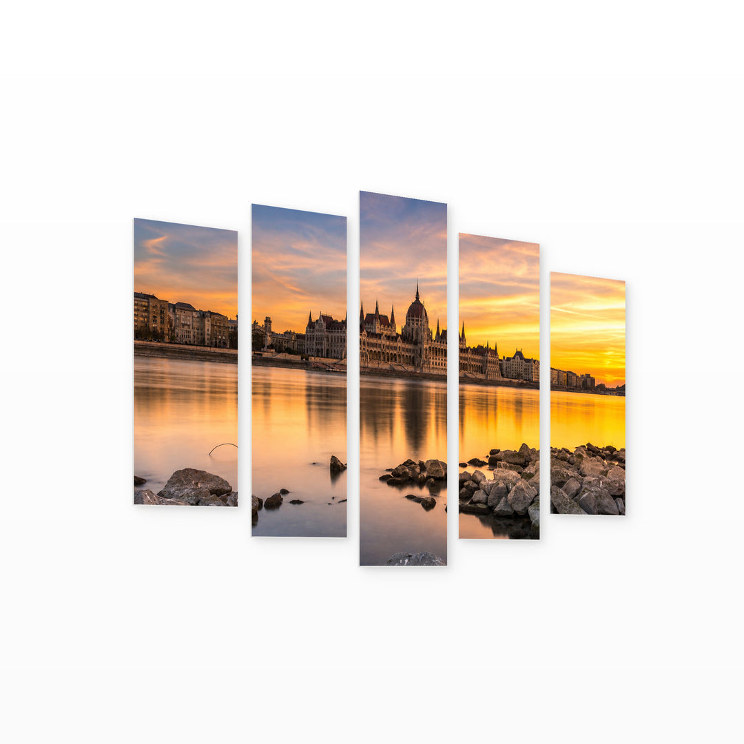 Golden Sunset over Budapest Parliament — five-panel wall art on white background in perspective | 5wallart 52616 M1