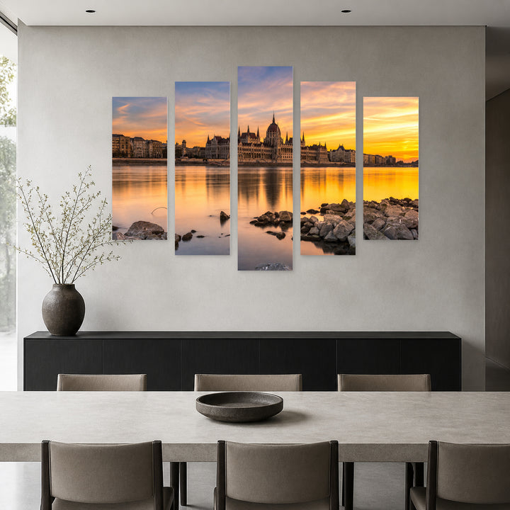 Golden Sunset over Budapest Parliament — five-panel wall art in frontal interior | 5wallart 52616 M3