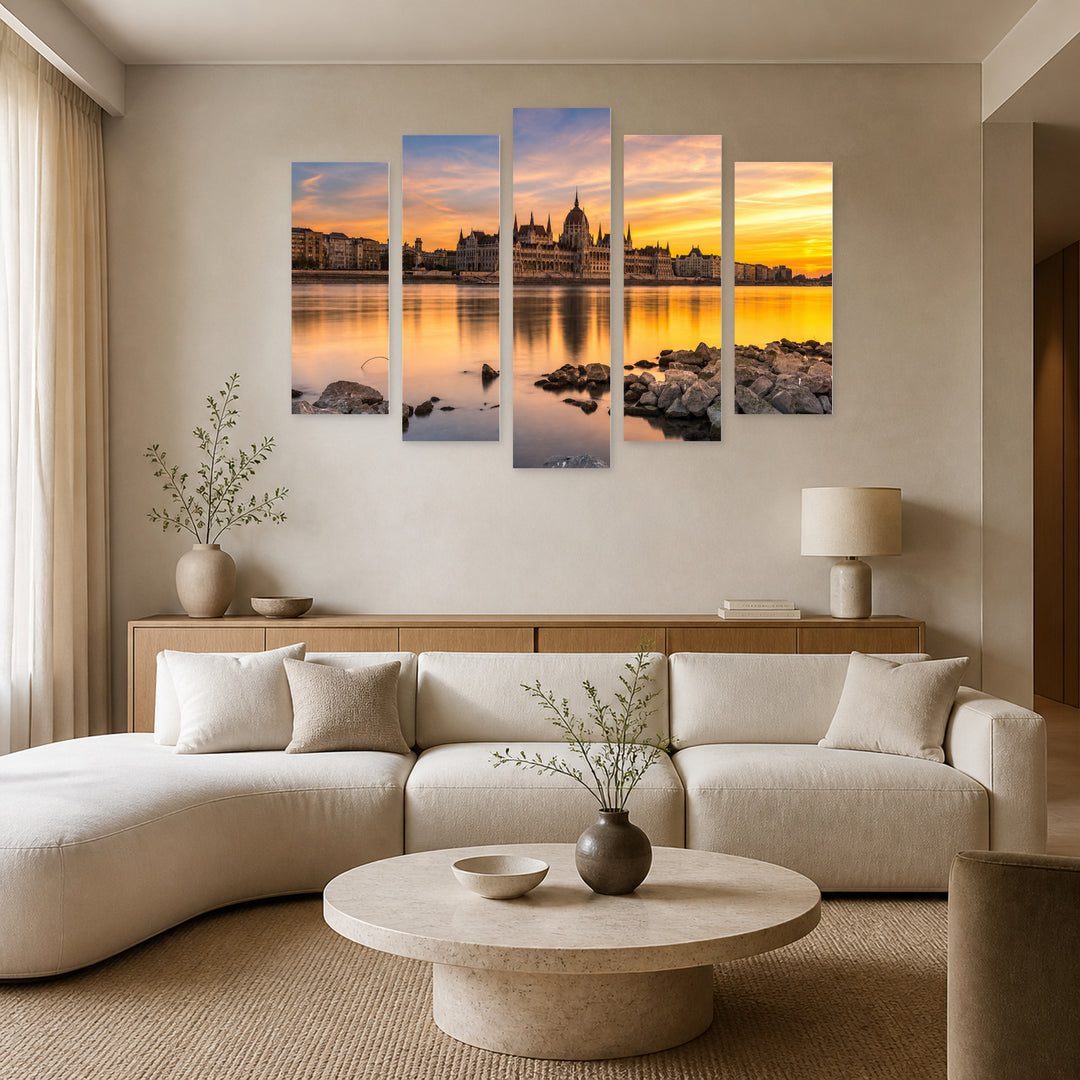 Golden Sunset over Budapest Parliament — five-panel wall art in alternate frontal interior | 5wallart 52616 M4