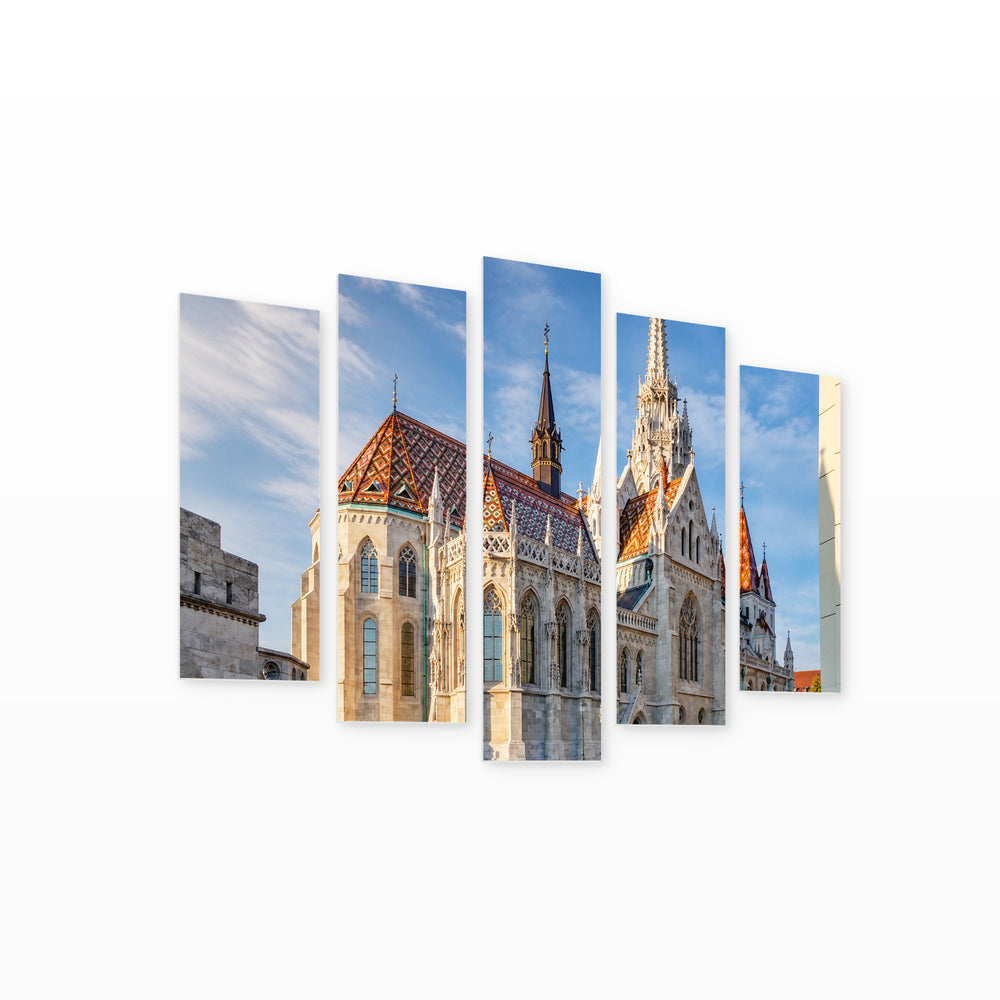 Matthias Church in Serene Light — five-panel wall art on white background in perspective | 5wallart 52620 M1