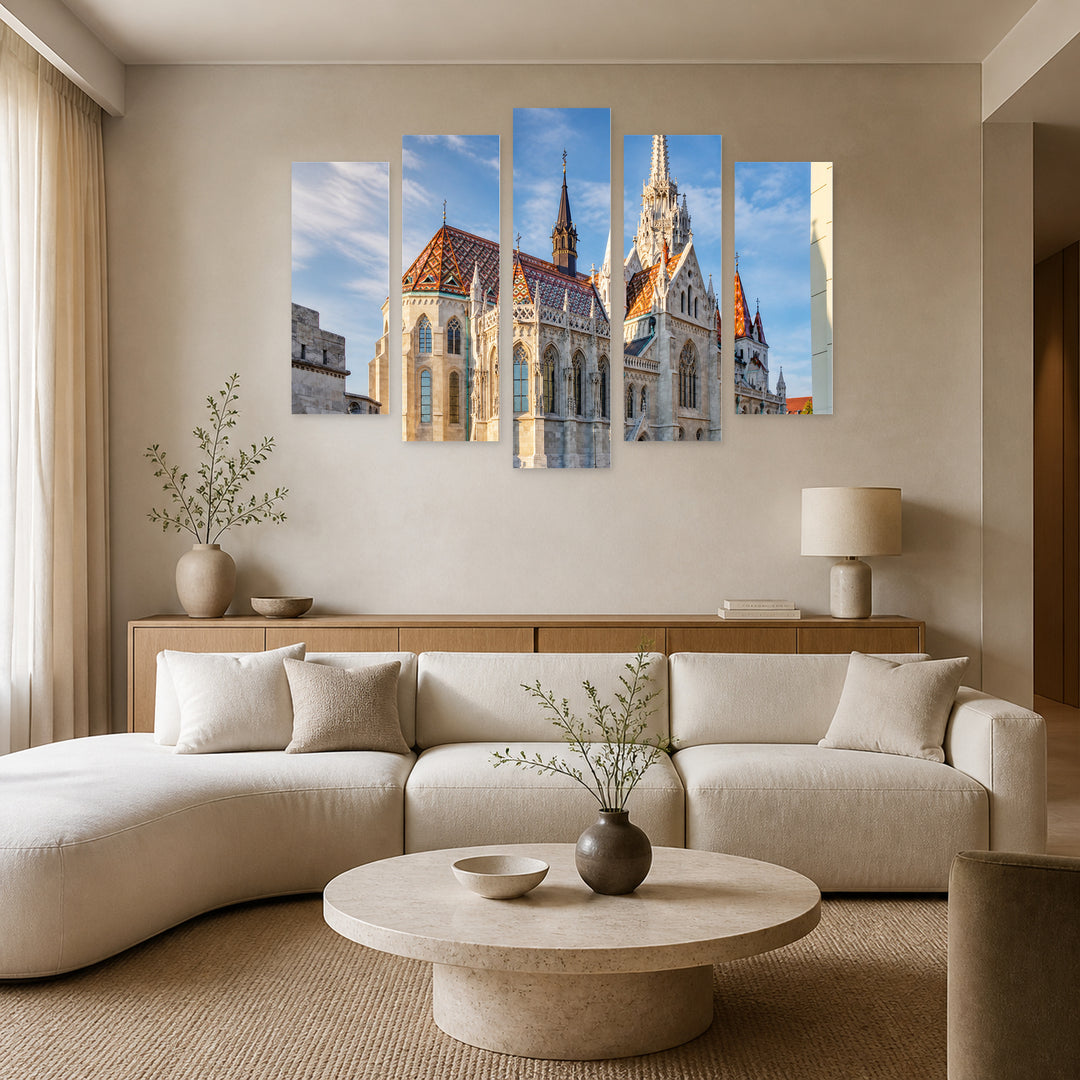 Matthias Church in Serene Light — five-panel wall art in alternate frontal interior | 5wallart 52620 M4