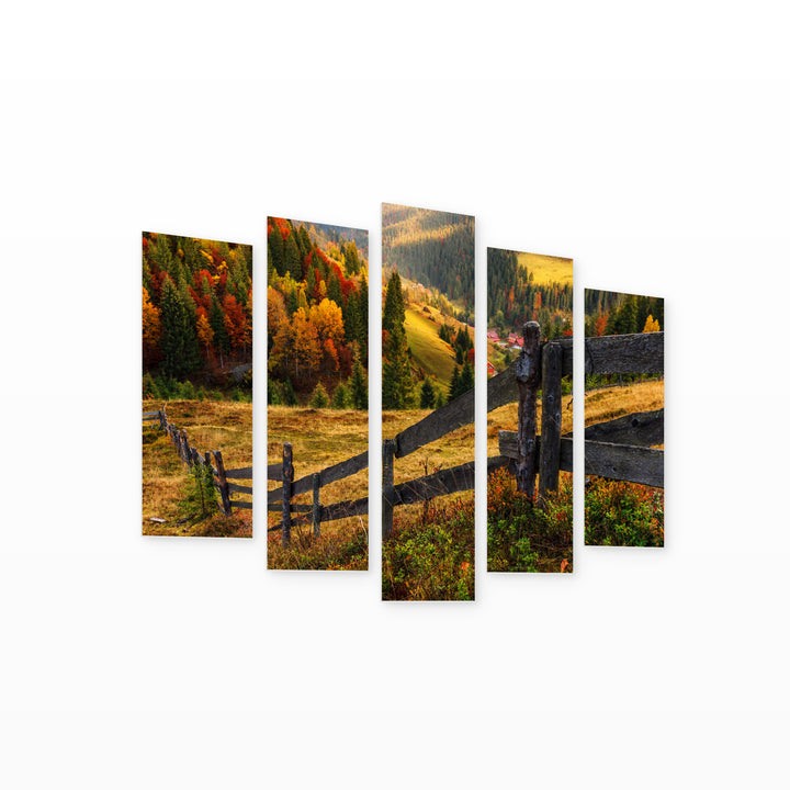 Colorful Autumn Landscape in Serene Light — five-panel wall art on white background in perspective | 5wallart 52624 M1