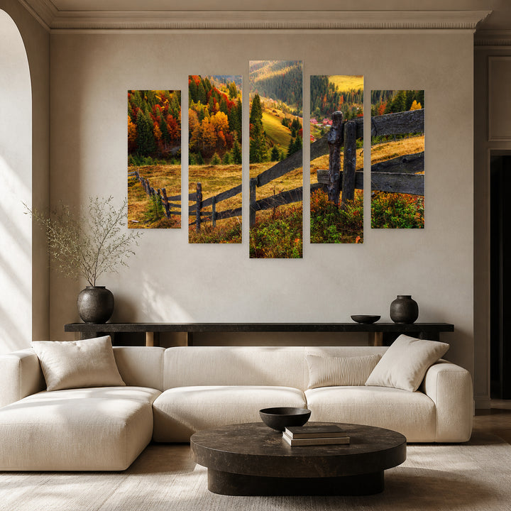 Colorful Autumn Landscape in Serene Light — five-panel wall art in alternate frontal interior | 5wallart 52624 M4