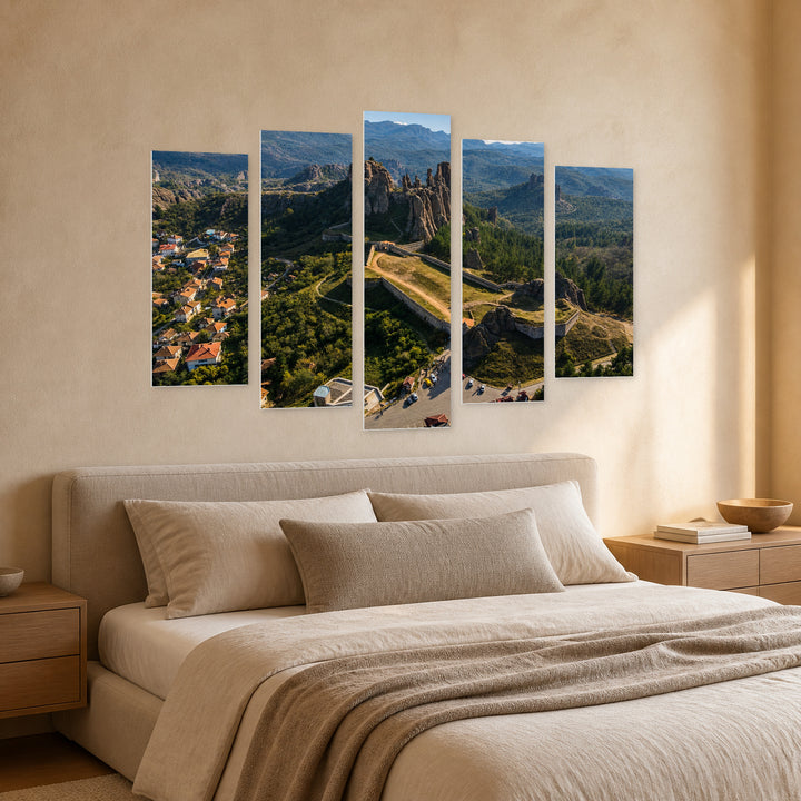 Belogradchik with Geometric Rhythm — five-panel wall art in perspective interior | 5wallart 52649 M2