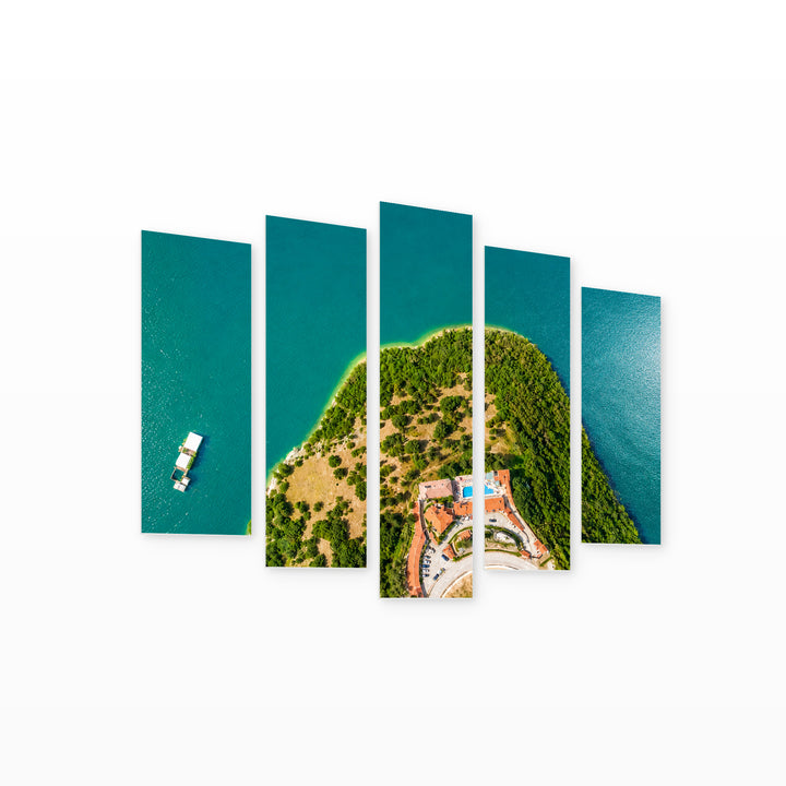Green Hills Around the Vacha Reservoir Urban Panorama — five-panel wall art on white background in perspective | 5wallart 52650 M1