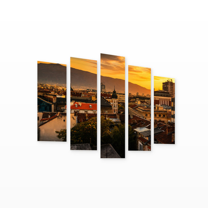Golden Sunset over Sofia — five-panel wall art on white background in perspective | 5wallart 52657 M1