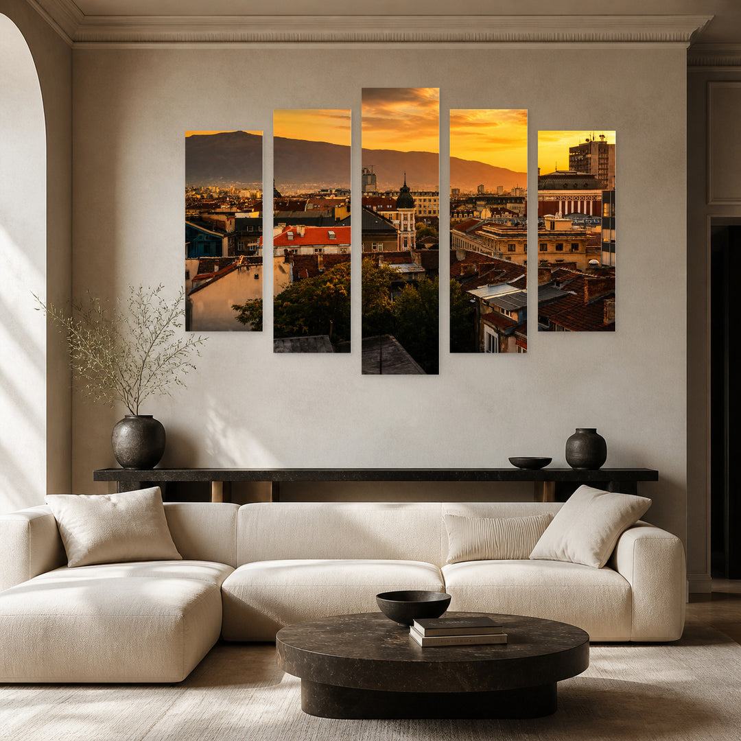 Golden Sunset over Sofia — five-panel wall art in frontal interior | 5wallart 52657 M3