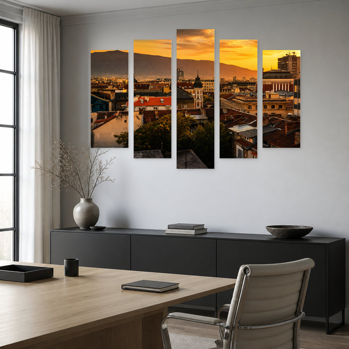 Golden Sunset over Sofia — five-panel wall art in alternate frontal interior | 5wallart 52657 M4
