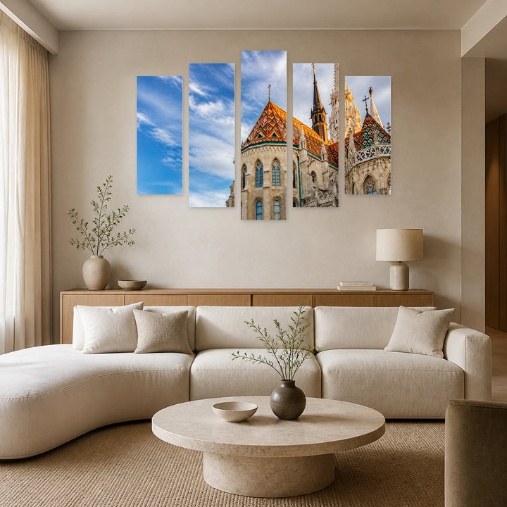 Saint Matthias Roof with Dramatic Contrast — five-panel wall art in alternate frontal interior | 5wallart 52672 M4
