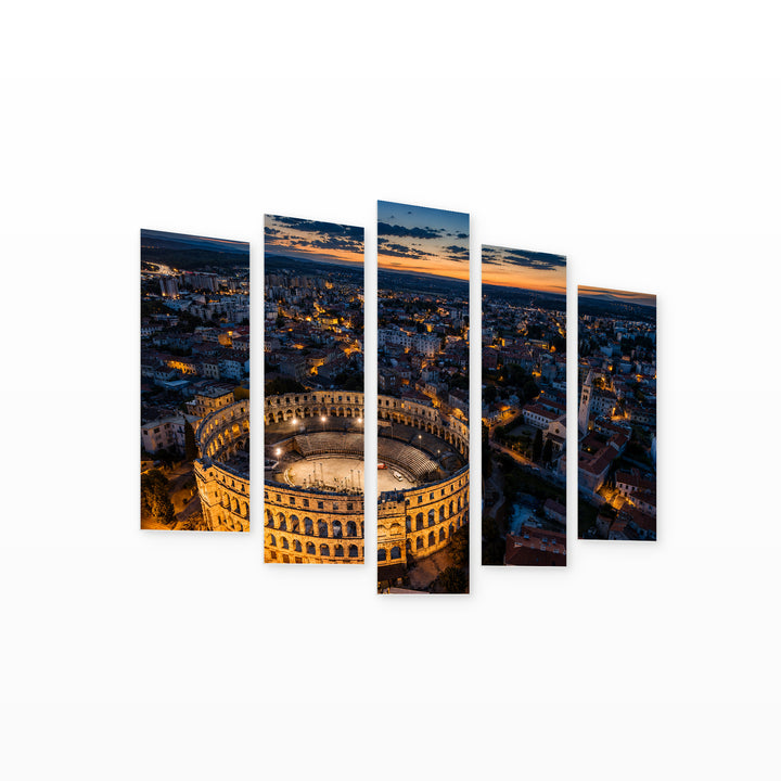 Roman Colosseum in Pula in Blue and Gold — five-panel wall art on white background in perspective | 5wallart 52674 M1