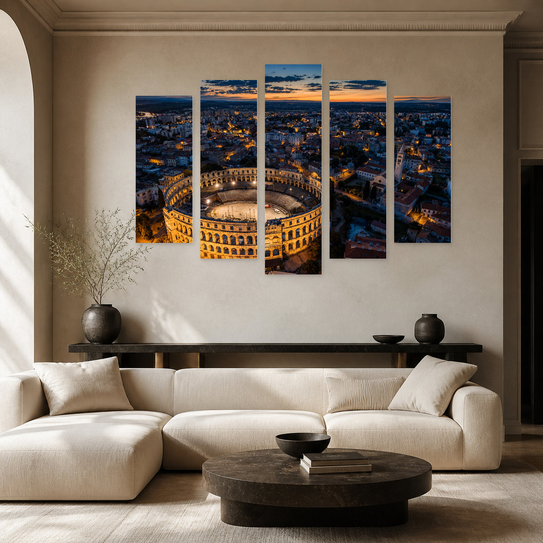 Roman Colosseum in Pula in Blue and Gold — five-panel wall art in alternate frontal interior | 5wallart 52674 M4