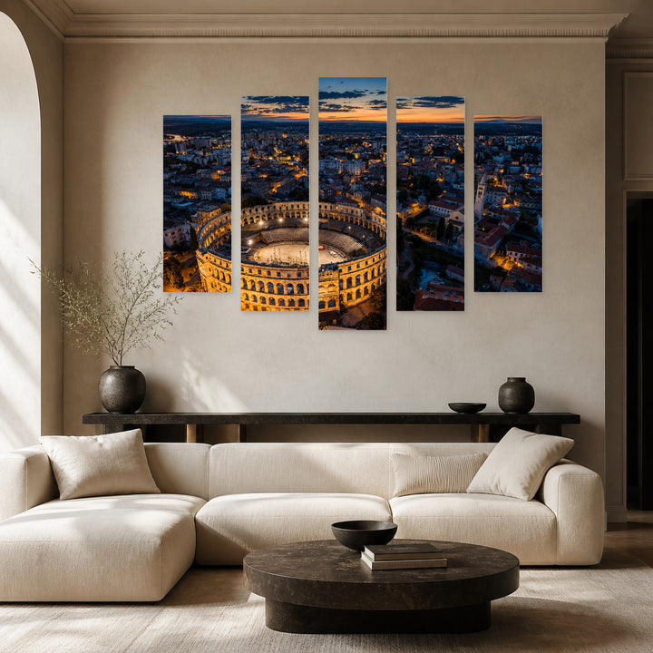 Roman Colosseum in Pula in Blue and Gold — five-panel wall art in alternate frontal interior | 5wallart 52674 M4