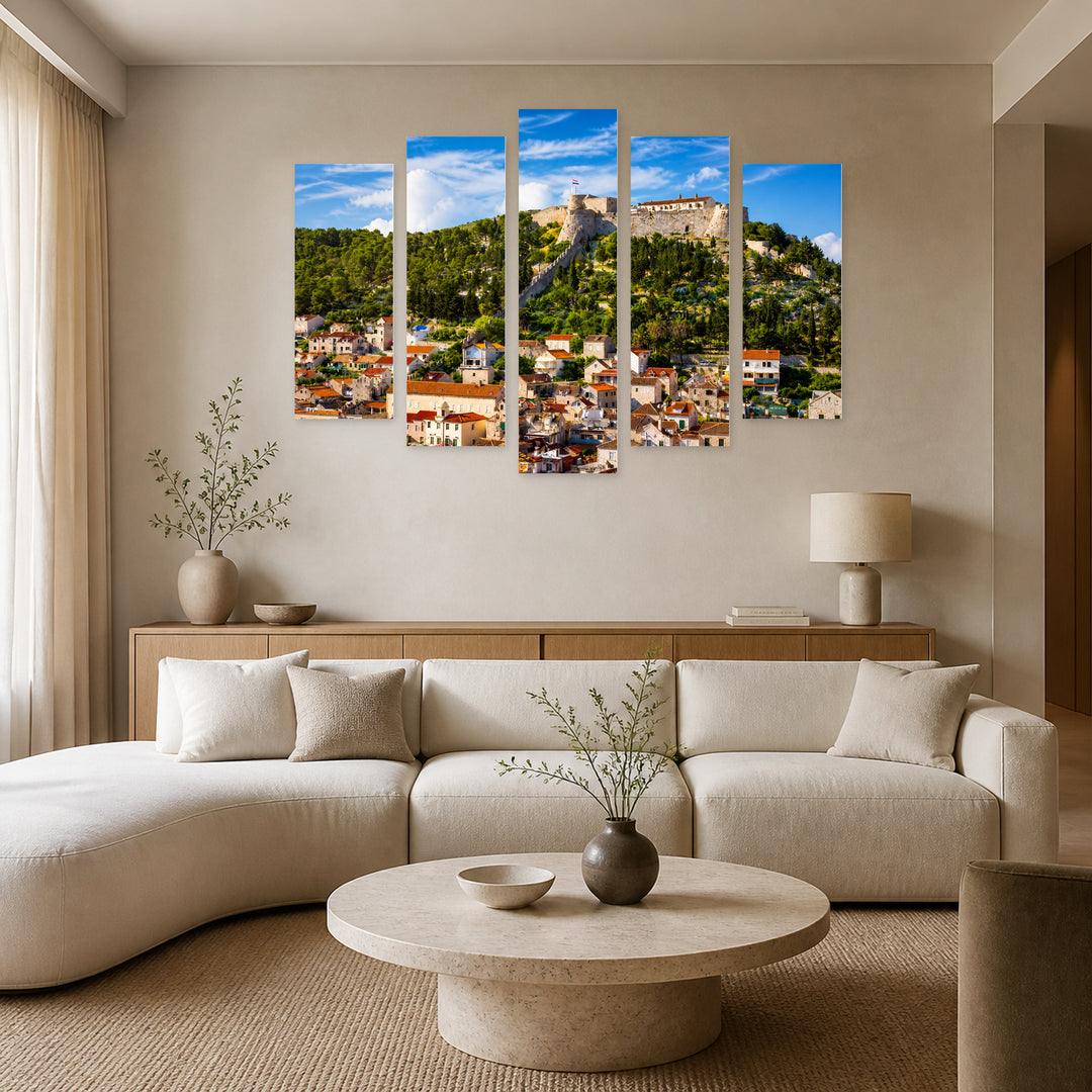 Fortress Fortica in Blue and Gold — five-panel wall art in frontal interior | 5wallart 52675 M3
