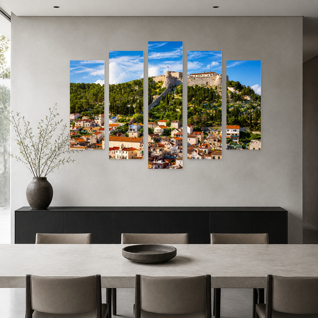 Fortress Fortica in Blue and Gold — five-panel wall art in alternate frontal interior | 5wallart 52675 M4