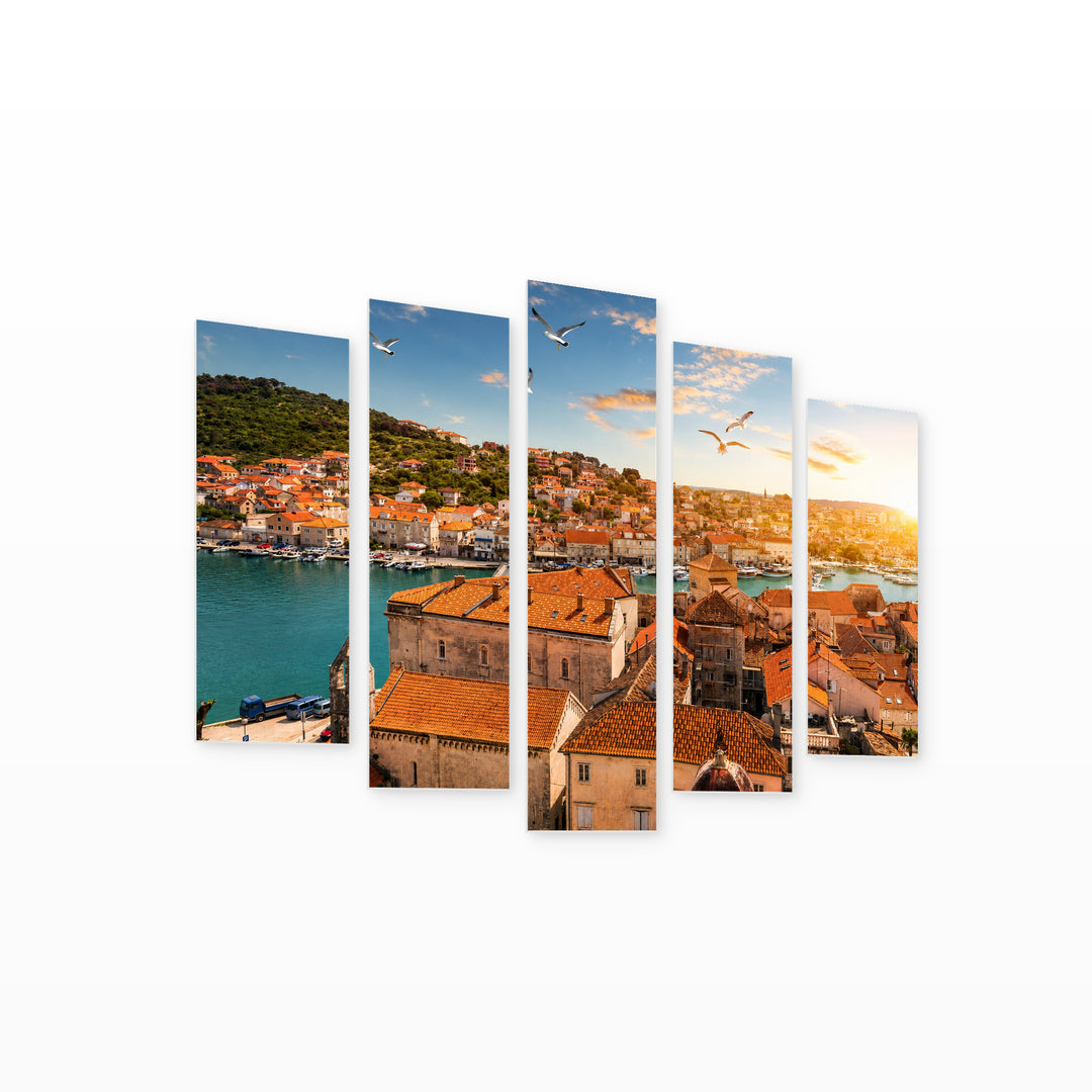 Town of Trogir at Golden Sunset — five-panel wall art on white background in perspective | 5wallart 52682 M1