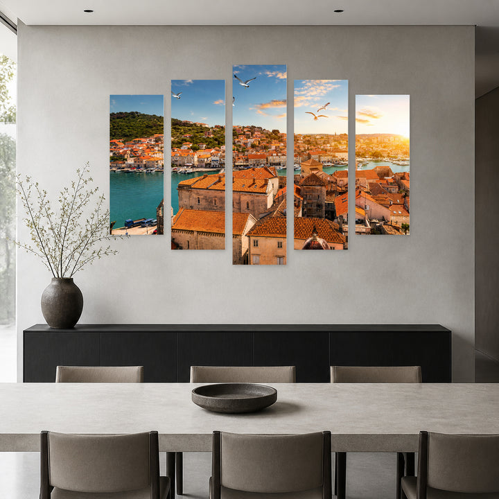Town of Trogir at Golden Sunset — five-panel wall art in frontal interior | 5wallart 52682 M3