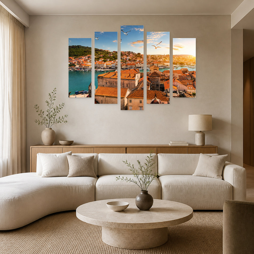 Town of Trogir at Golden Sunset — five-panel wall art in alternate frontal interior | 5wallart 52682 M4