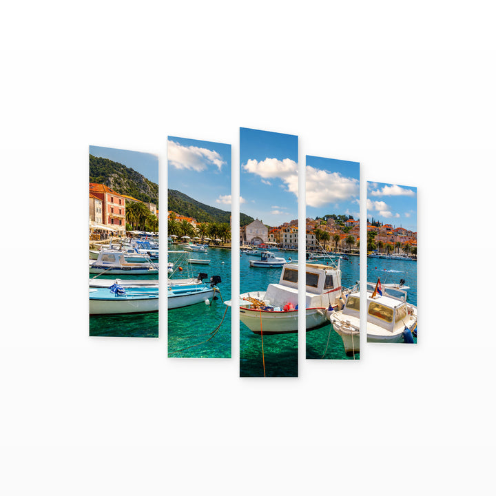 Hvar, Croatia in Serene Light — five-panel wall art on white background in perspective | 5wallart 52684 M1