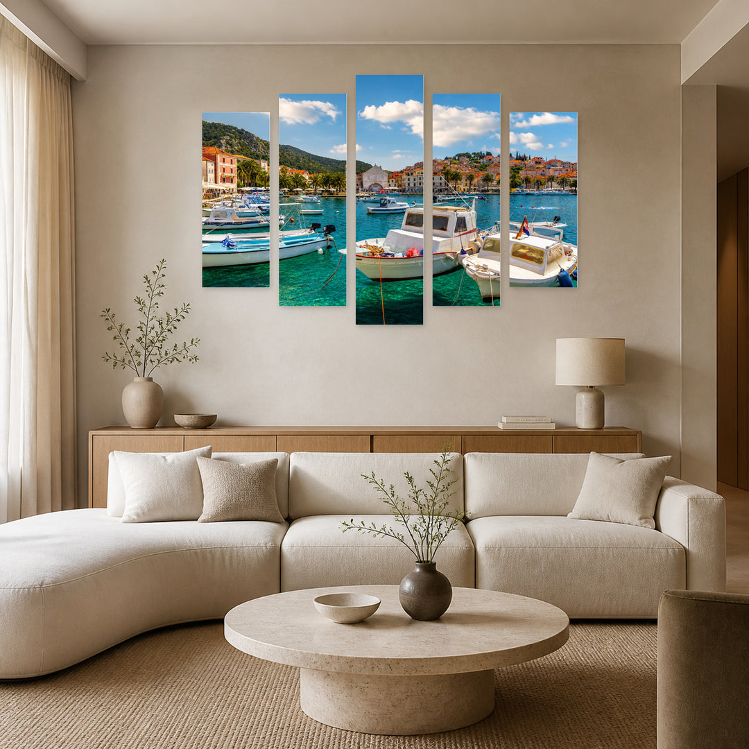 Hvar, Croatia in Serene Light — five-panel wall art in alternate frontal interior | 5wallart 52684 M4