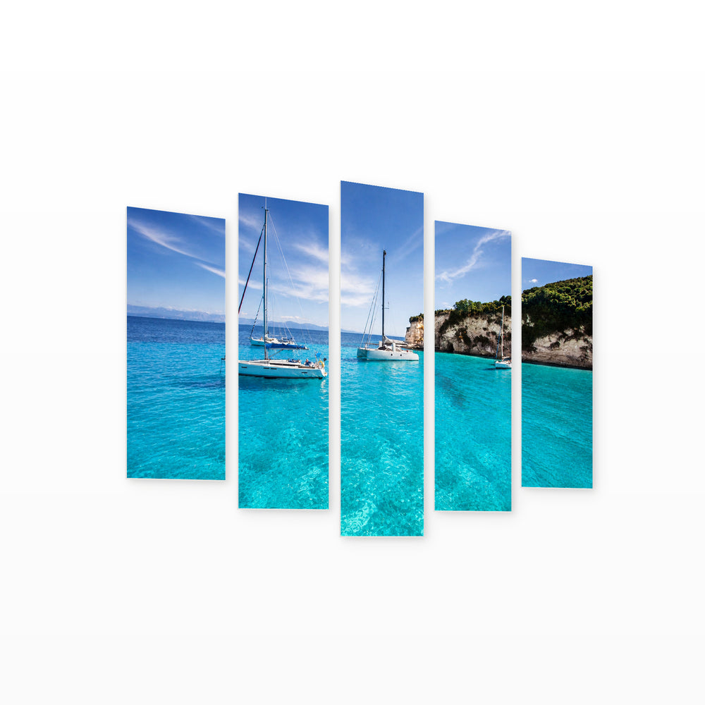 Sailboats in a Beautiful Bay with Dreamlike Atmosphere — five-panel wall art on white background in perspective | 5wallart 52691 M1