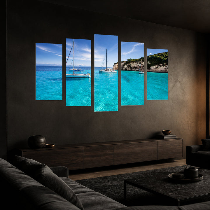 Sailboats in a Beautiful Bay with Dreamlike Atmosphere — five-panel wall art in perspective interior | 5wallart 52691 M2