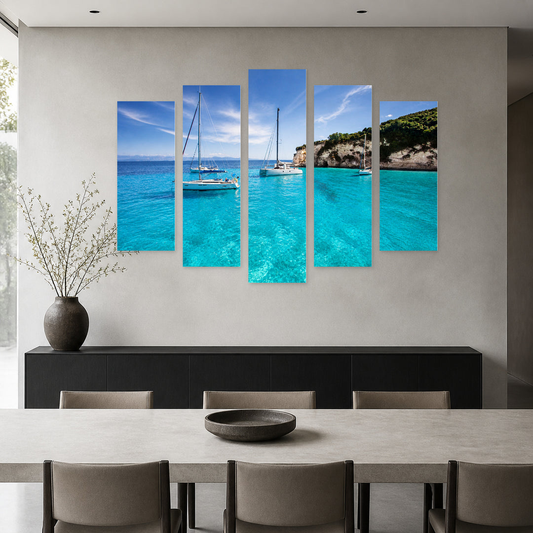Sailboats in a Beautiful Bay with Dreamlike Atmosphere — five-panel wall art in alternate frontal interior | 5wallart 52691 M4
