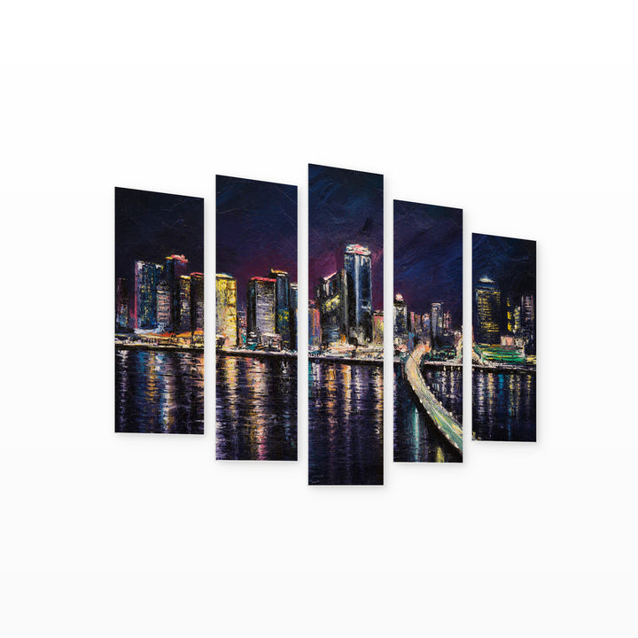 Miami Late After Dark — five-panel wall art on white background in perspective | 5wallart 52695 M1
