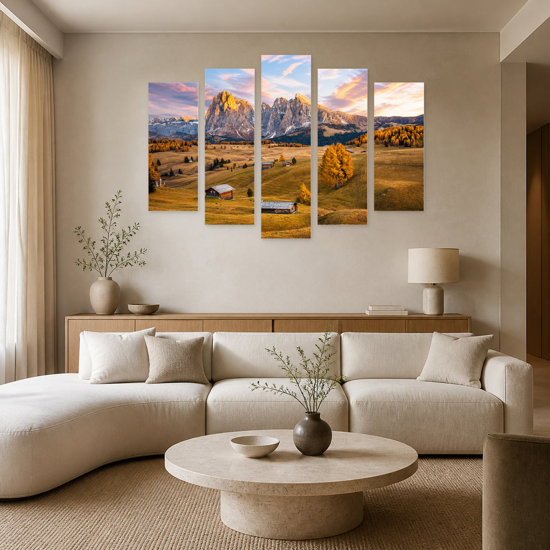 Mystical Autumn Landscape in Serene Light — five-panel wall art in alternate frontal interior | 5wallart 52696 M4