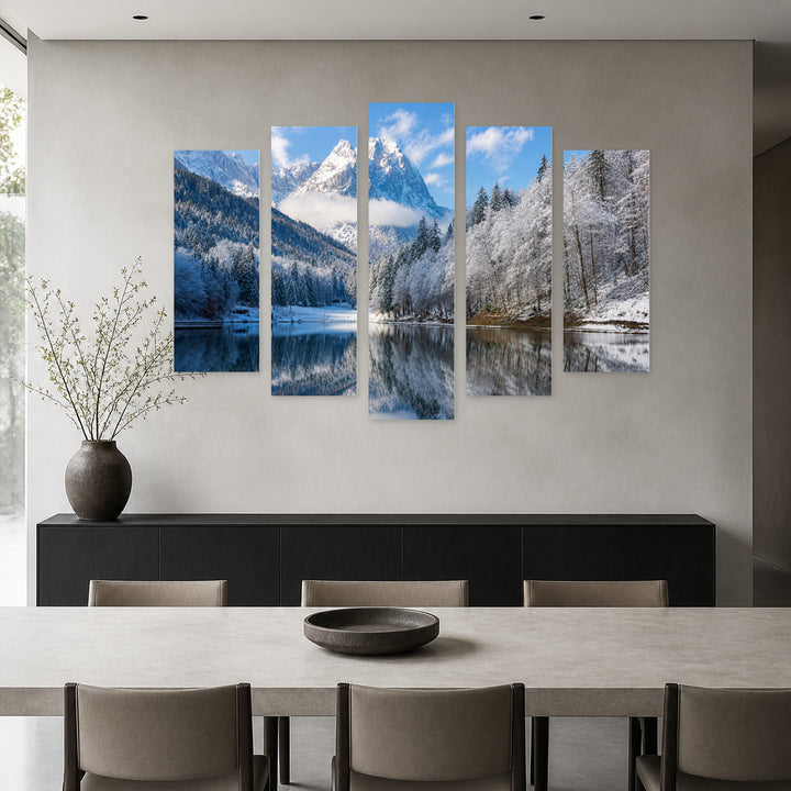 Winter Landscape with Reflection in Serene Light — five-panel wall art in frontal interior | 5wallart 52700 M3