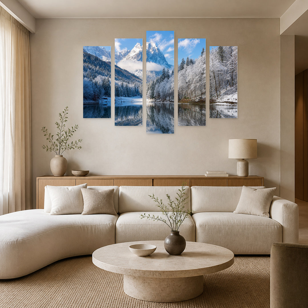 Winter Landscape with Reflection in Serene Light — five-panel wall art in alternate frontal interior | 5wallart 52700 M4