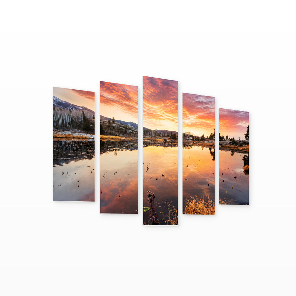 Sunset on the Lake in Serene Light — five-panel wall art on white background in perspective | 5wallart 52701 M1
