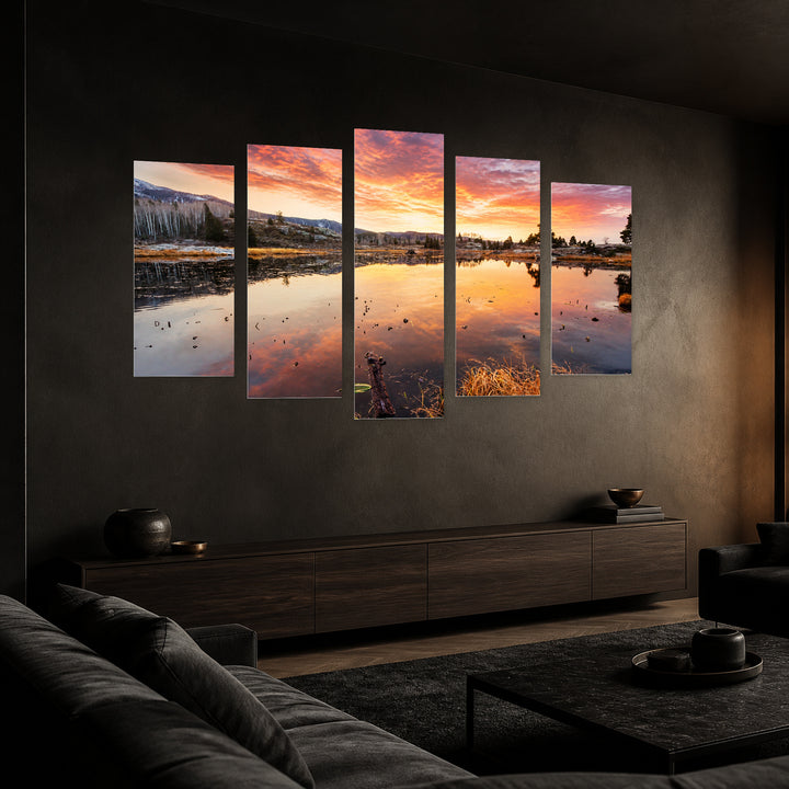 Sunset on the Lake in Serene Light — five-panel wall art in perspective interior | 5wallart 52701 M2