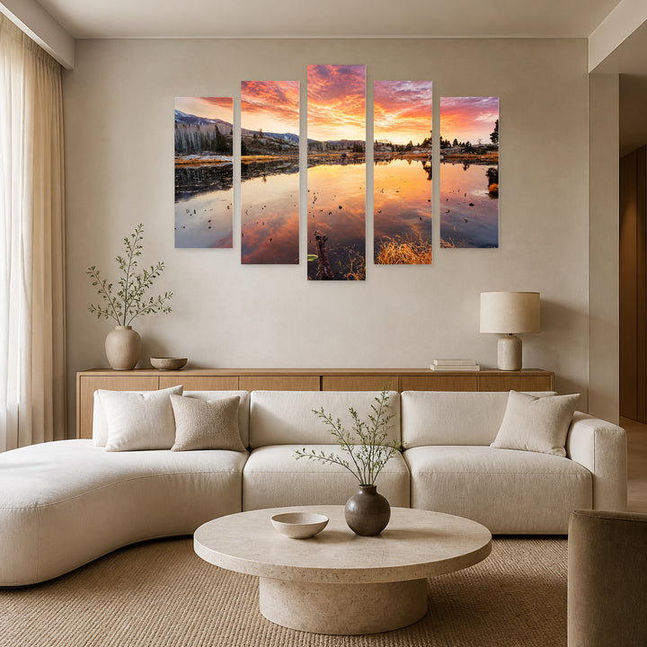 Sunset on the Lake in Serene Light — five-panel wall art in frontal interior | 5wallart 52701 M3
