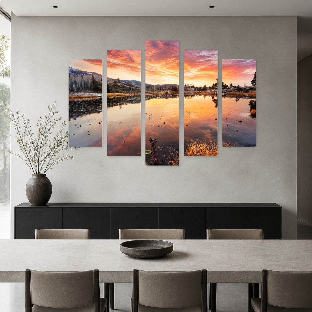 Sunset on the Lake in Serene Light — five-panel wall art in alternate frontal interior | 5wallart 52701 M4