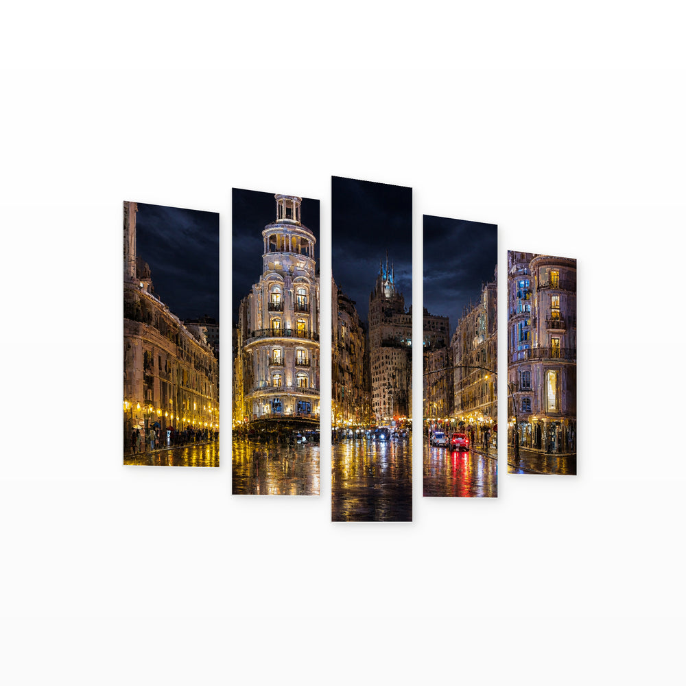 Madrid Gran Vía at Night — five-panel wall art on white background in perspective | 5wallart 52707 M1
