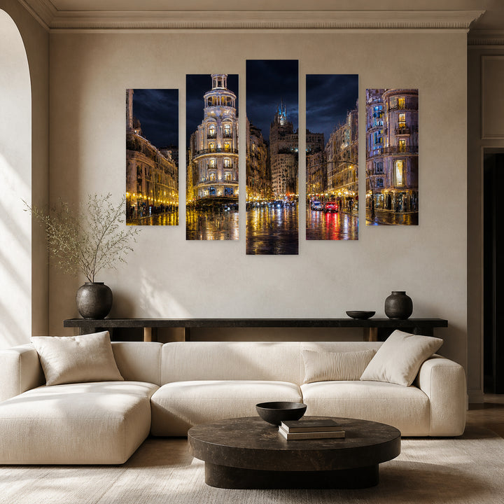 Madrid Gran Vía at Night — five-panel wall art in frontal interior | 5wallart 52707 M3