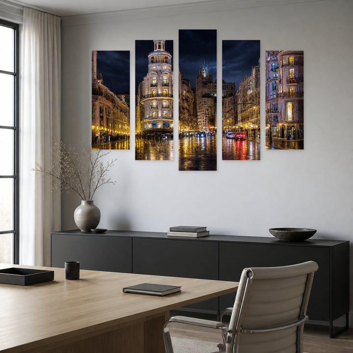 Madrid Gran Vía at Night — five-panel wall art in alternate frontal interior | 5wallart 52707 M4
