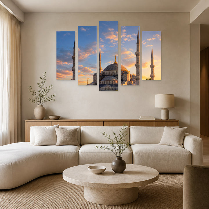 Istanbul - Blue Mosque in Blue and Gold — five-panel wall art in frontal interior | 5wallart 52711 M3