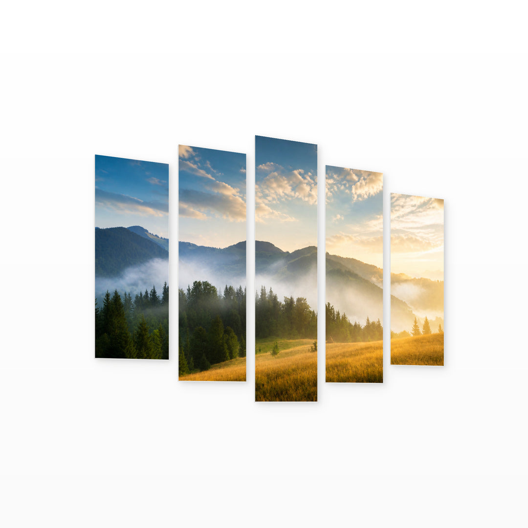 Landscape with Fog and Hay in Serene Light — five-panel wall art on white background in perspective | 5wallart 52715 M1
