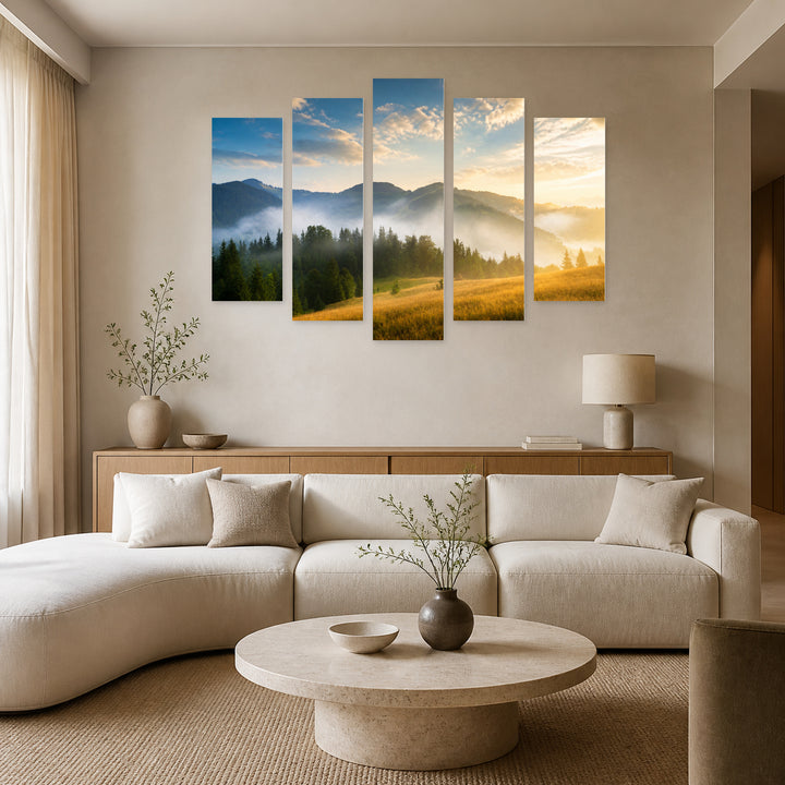 Landscape with Fog and Hay in Serene Light — five-panel wall art in frontal interior | 5wallart 52715 M3