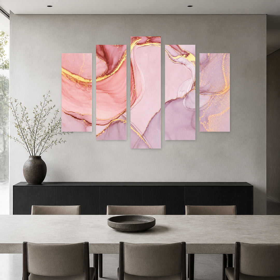 Blush Marble with Gold Veins — five-panel wall art in alternate frontal interior | 5wallart 52717 M4