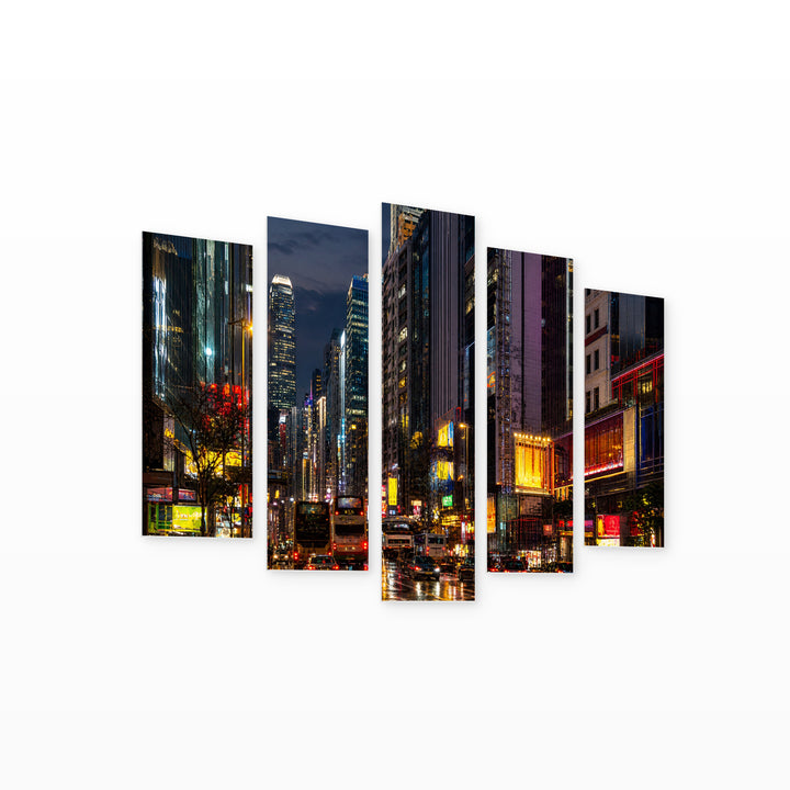 Colorful Hong Kong at Night — five-panel wall art on white background in perspective | 5wallart 52719 M1