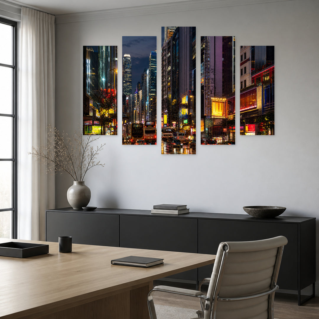 Colorful Hong Kong at Night — five-panel wall art in alternate frontal interior | 5wallart 52719 M4