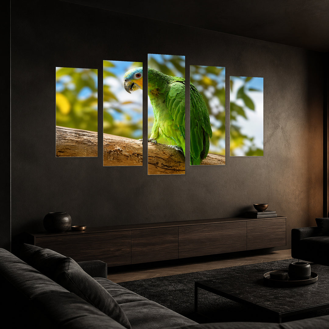 Green Parrot with Geometric Rhythm — five-panel wall art in perspective interior | 5wallart 52721 M2