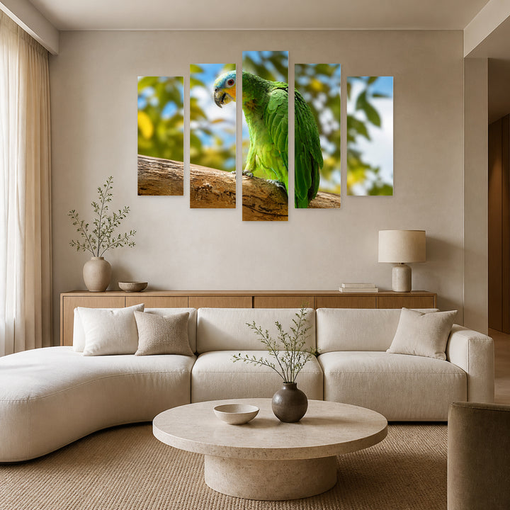 Green Parrot with Geometric Rhythm — five-panel wall art in frontal interior | 5wallart 52721 M3