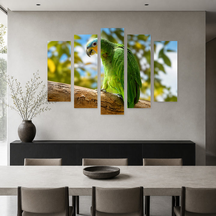 Green Parrot with Geometric Rhythm — five-panel wall art in alternate frontal interior | 5wallart 52721 M4
