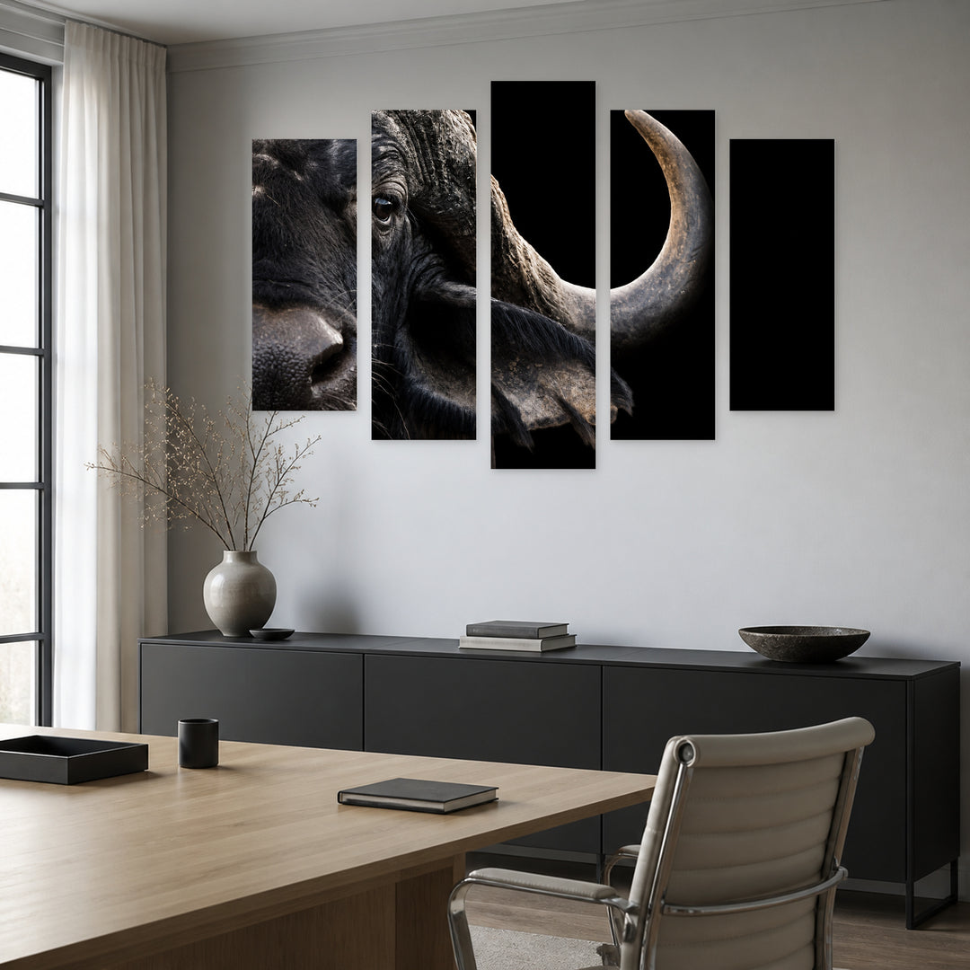 Buffalo in Serene Light — five-panel wall art in frontal interior | 5wallart 52722 M3