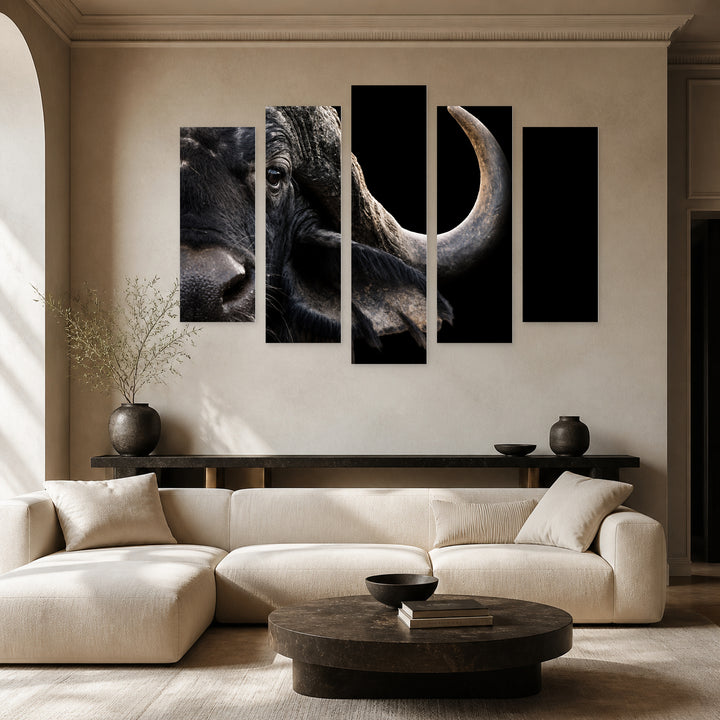 Buffalo in Serene Light — five-panel wall art in alternate frontal interior | 5wallart 52722 M4