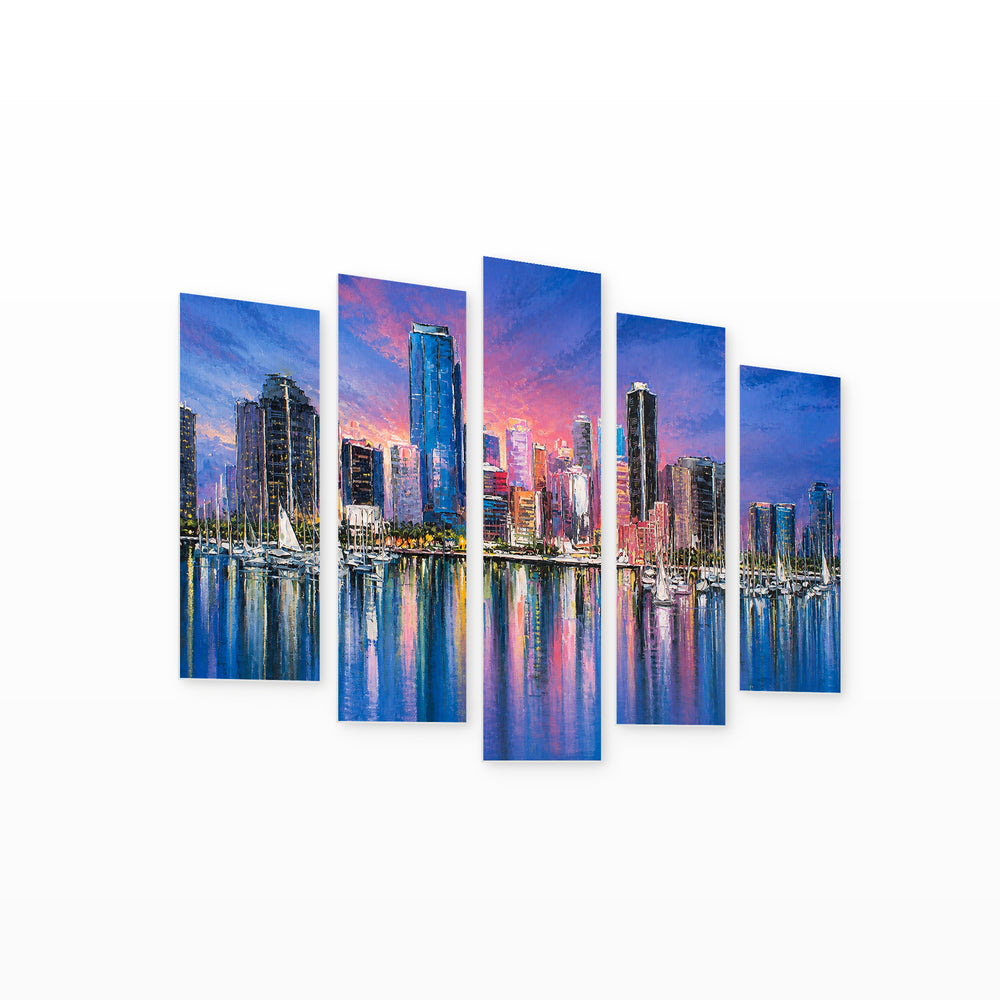 Miami in Vivid Color — five-panel wall art on white background in perspective | 5wallart 52723 M1
